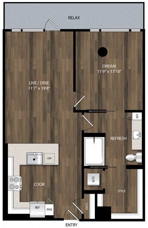 Floor plan for 1 bed, 1 bath, 809 sqft